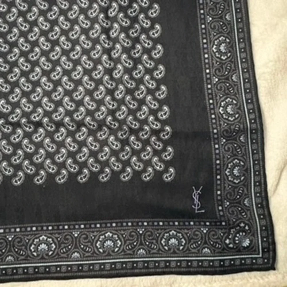 Vtg YVES SAINT LAURENT Scarf Handkerchief Paisley Black 21